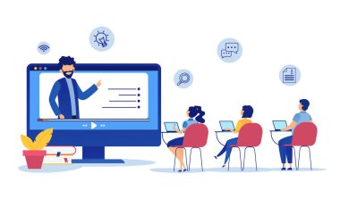 Webinar eğitimiyle evde öğrenen öğrencilerin vektörü, bir öğretmeni dinliyor  