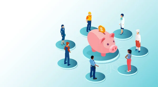 Vetor Pessoas Ocupações Diferentes Que Estão Volta Banco Piggy — Vetor de Stock