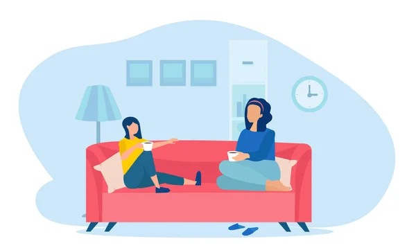 一个母亲和一个少女坐在沙发上聊天的病媒 — 图库矢量图片