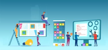 Web ve mobil uygulama tasarlayan programcı erkek ve kadınların vektörü 