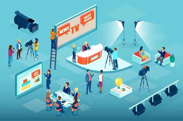 Mass Media Production Process Business Management Journalists Preparing News Materials — Διανυσματικό Αρχείο