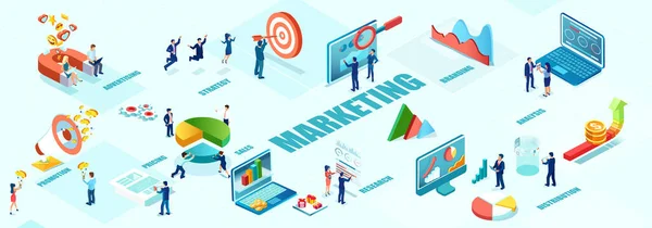 Business Marketing Management Concept Isometric Vector Business People Working Team — Archivo Imágenes Vectoriales