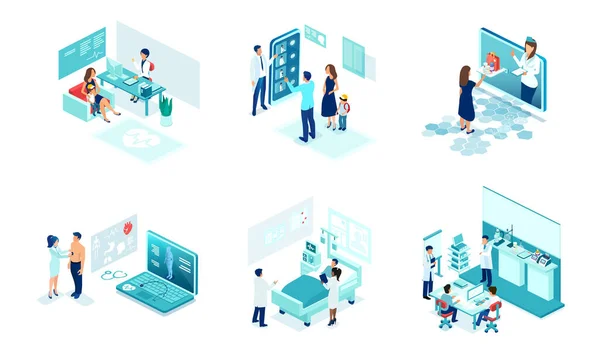 Isometric Vector Set Health Care Professionals Doctors Nurses Providing Medical — Vector de stock