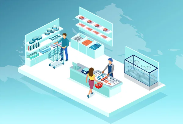 Vector People Men Women Shopping Sea Food Store — 스톡 벡터