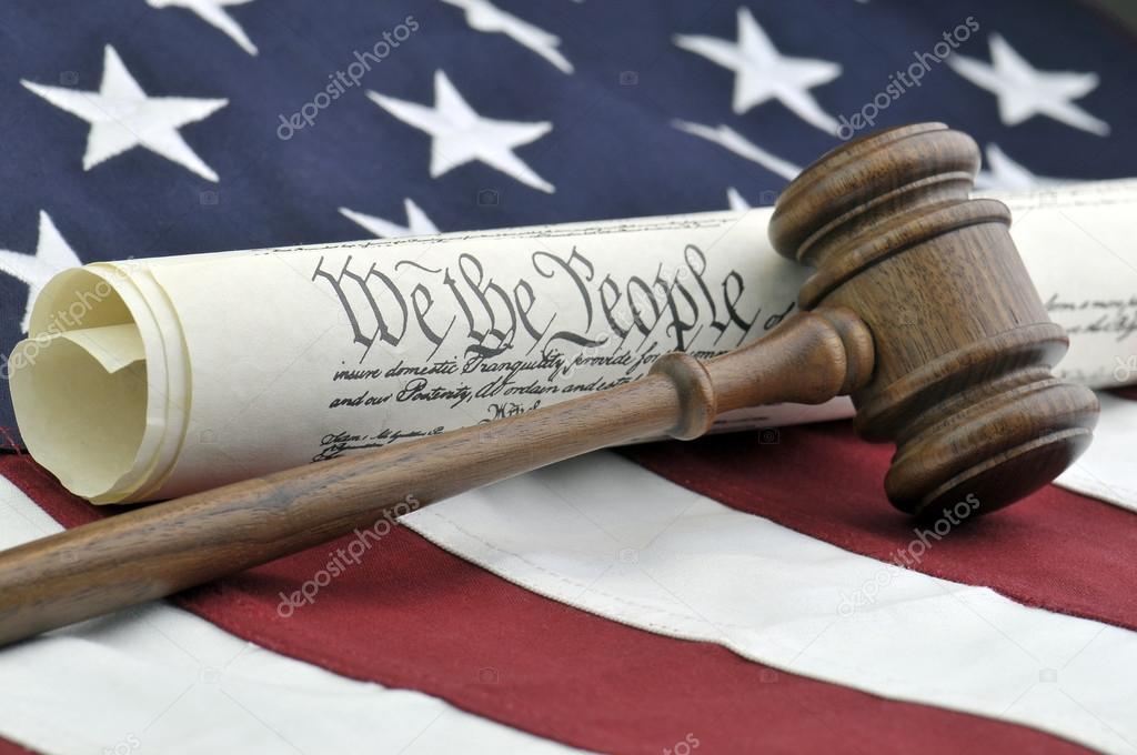 US Constitution, gavel and flag