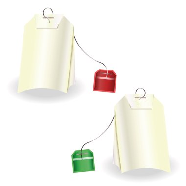 Set of tea bags with red and green labels clipart