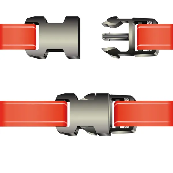 Conjunto de hebillas de seguridad de plástico con cinta de rayas rojas — Vector de stock