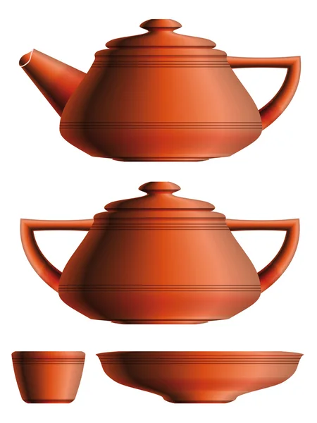 Set di teiera in ceramica rossa, zuccheriera, tazza e piattino. Eps10 — Vettoriale Stock