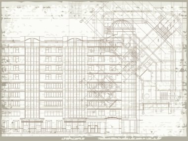 Grunge architectural background with plan and facade drawings. Eps10 clipart