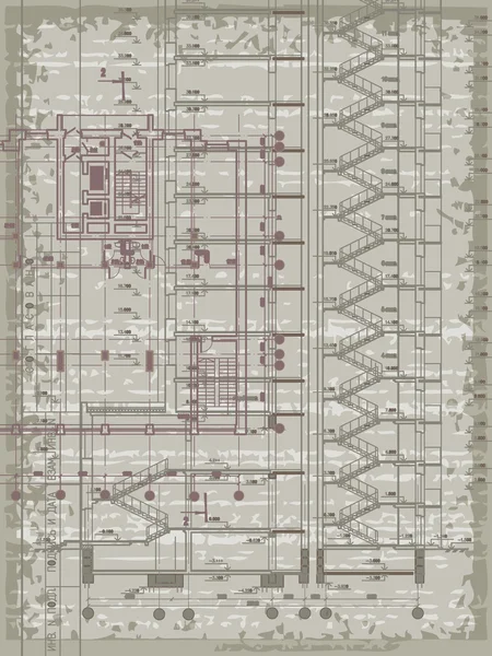 Grunge fundal arhitectural vertical cu plan și secțiune. Eps10 — Vector de stoc