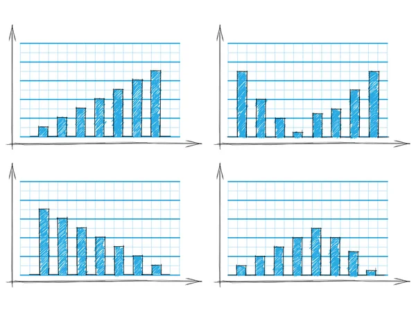 Conjunto desenhado à mão de quatro gráficos de barras azuis —  Vetores de Stock