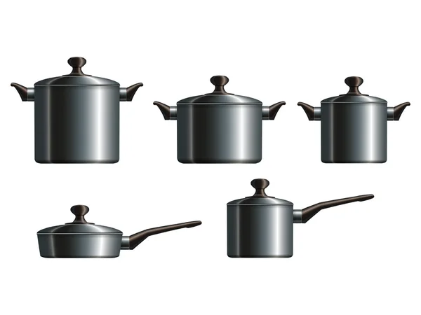 Set of five metal cooking pots — Stock Vector