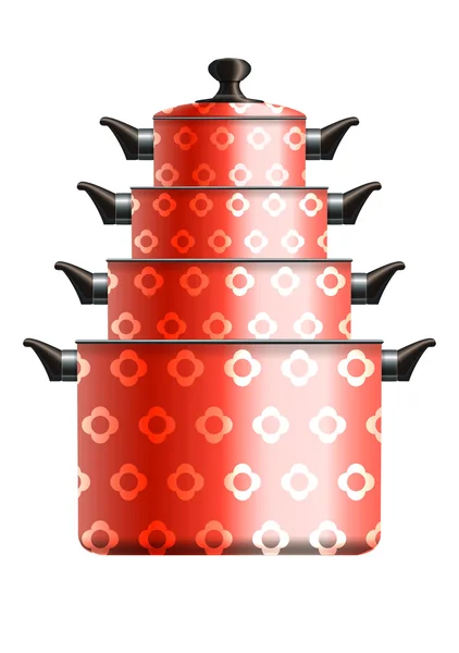 Set of four red cooking pots with flower — Stock Vector