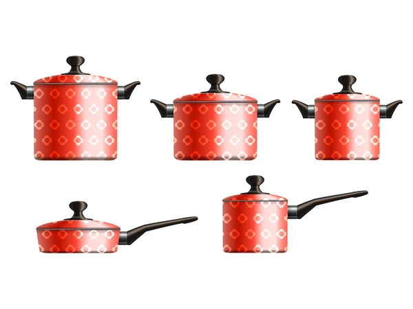 Set of five red cooking pots with flower pattern — Stock Vector