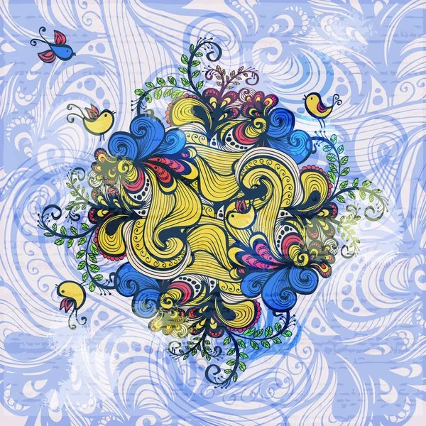 Великолепный ручной рисунок цветочного орнамента с волнами, облаками и птицами — стоковый вектор