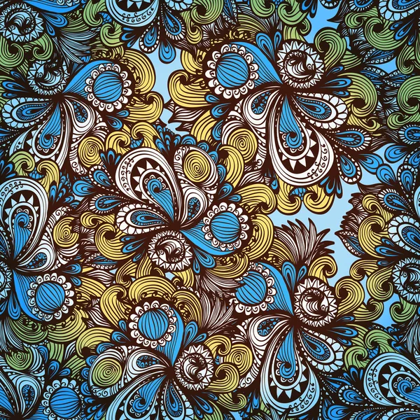 Fondo floral azul sin costuras con flores de fantasía y remolinos — Vector de stock