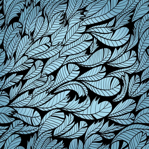 Seamless monochrome blue hand drawn pattern with feather — Stock Vector