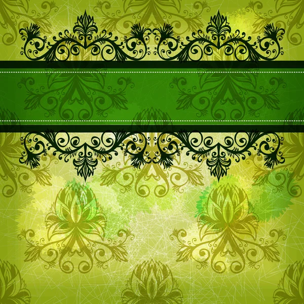 手描きの花バロック的要素と緑のグランジ レトロなグリーティング カード — ストックベクタ