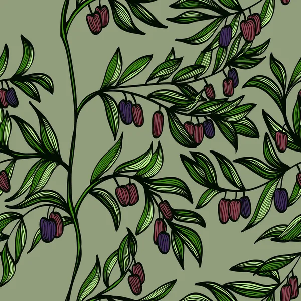 Fond sans couture avec des branches et des olives noires — Image vectorielle