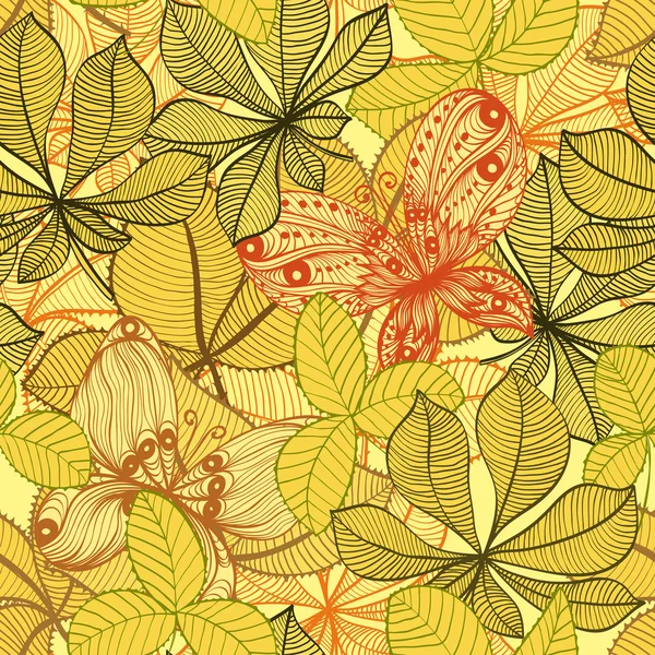 Nahtloser Hintergrund mit Herbstblättern und Schmetterlingen — Stockvektor