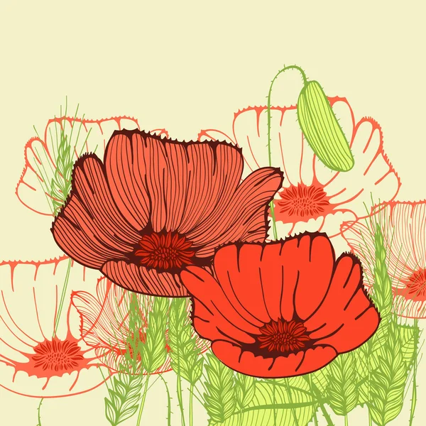 Tarjeta de felicitación retro con flores de amapola — Vector de stock