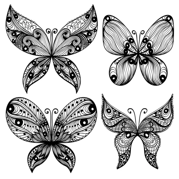 Conjunto de cuatro siluetas de mariposa negra sobre fondo blanco — Vector de stock