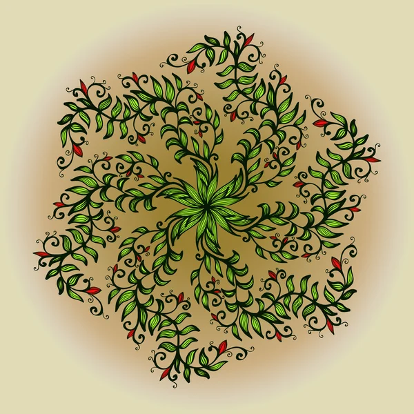 Hand dras cirkulär prydnad med gröna spiralen blommor — Stock vektor