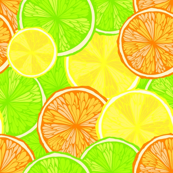 Fond lumineux sans couture avec des oranges, des citrons et des limes — Image vectorielle