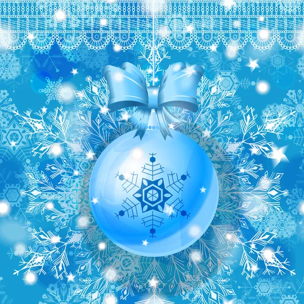 Tarjeta de felicitación azul de Navidad con bola de vidrio, cinta y copos de nieve — Vector de stock