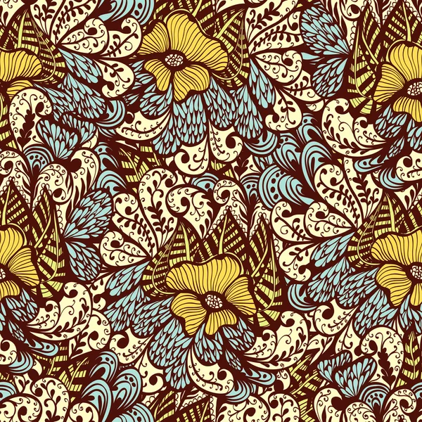Sömlös beige och blå doodle blommönster — Stock vektor