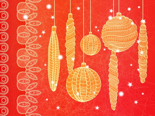 Tarjeta de felicitación de Navidad brillante con bolas decorativas dibujadas a mano — Vector de stock