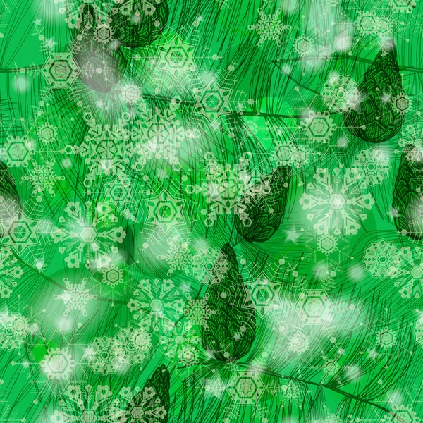 Grunge green winter seamless pattern with pine branches and snowflakes — Stockvector