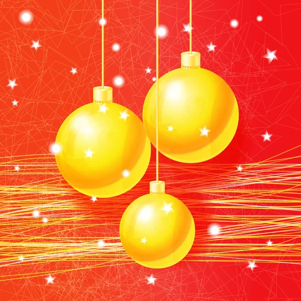Tarjeta de felicitación de Navidad brillante con bolas de oro y copos de nieve — Vector de stock