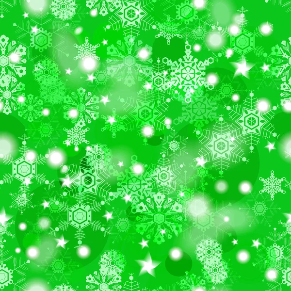 Patrón sin costuras de invierno verde brillante con copos de nieve — Vector de stock