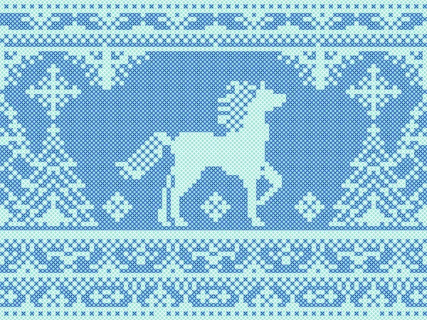 Broderie sans couture motif de Noël bleu avec des chevaux et des pins — Image vectorielle