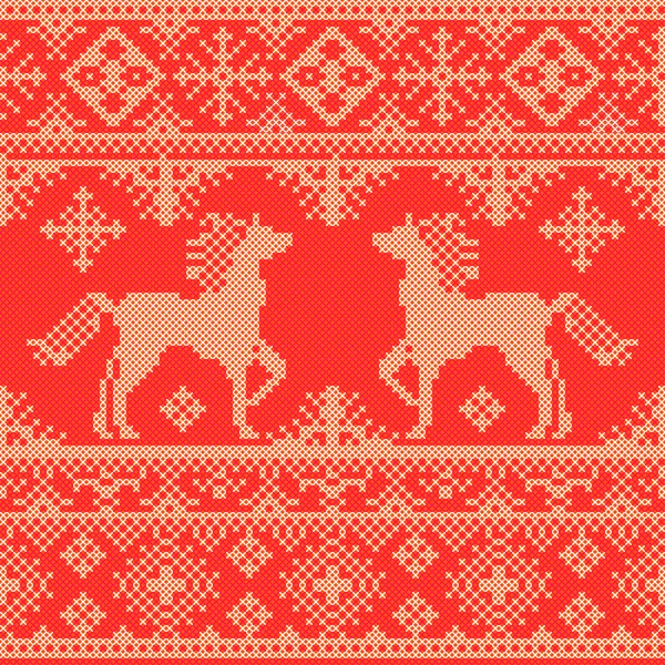 Красная рождественская вышивка с бегущими лошадьми — стоковый вектор