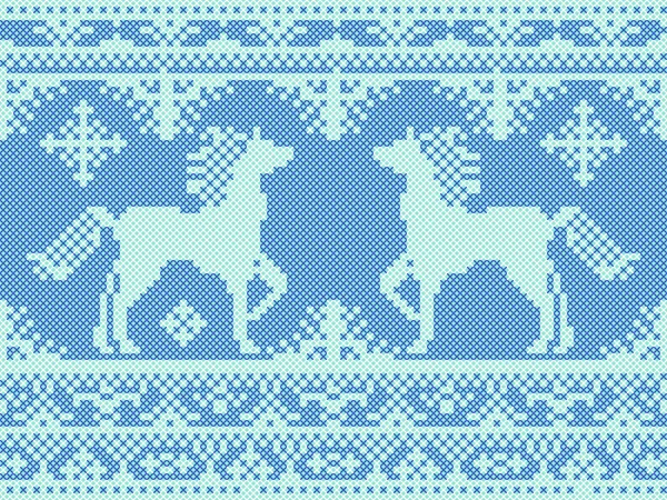 Wzór Boże Narodzenie bezszwowe haftem niebieski z końmi — Wektor stockowy