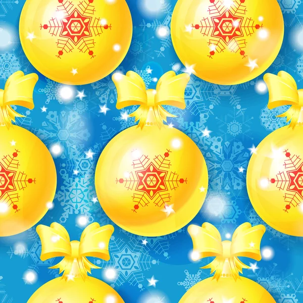 Patrón sin costuras de Navidad azul con bolas de oro y copos de nieve — Vector de stock