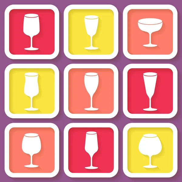 Set de 9 iconos retro con diferentes copas de vino — Vector de stock