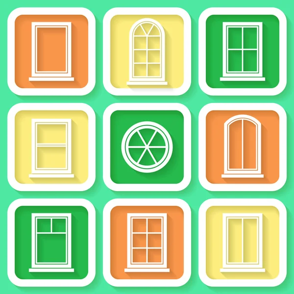 Conjunto de 9 iconos retro de diferentes tipos de ventanas — Vector de stock