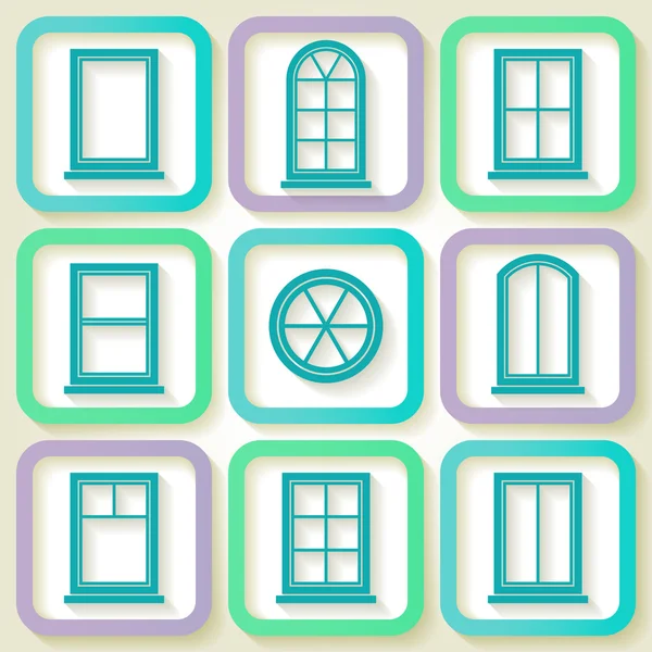 Conjunto de 9 iconos retro de diferentes tipos de ventanas — Vector de stock