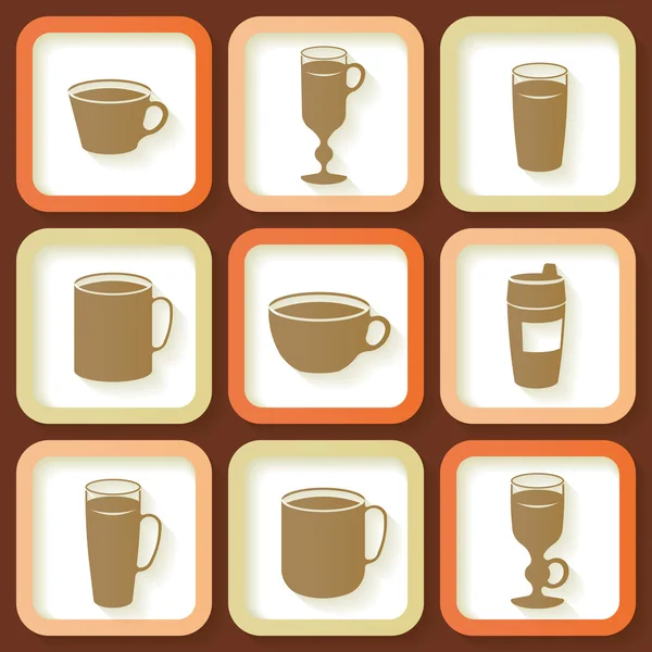 Set de 9 iconos vintage de diferentes tazas de café — Vector de stock