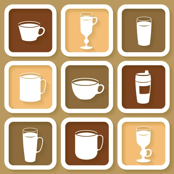 Set de 9 iconos vintage de diferentes tazas de café — Vector de stock