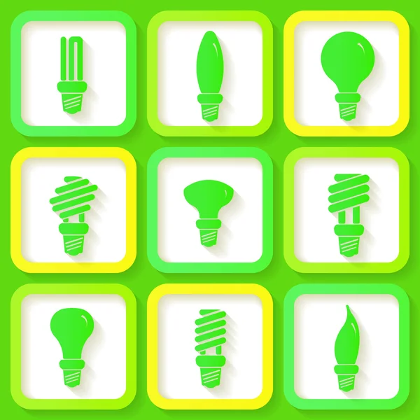 Set of 9 green icons of energy saving lamps — Stock Vector