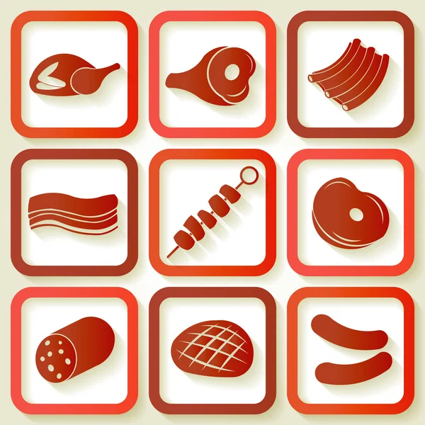 Conjunto de 9 ícones retro com pedaços de carne — Vetor de Stock