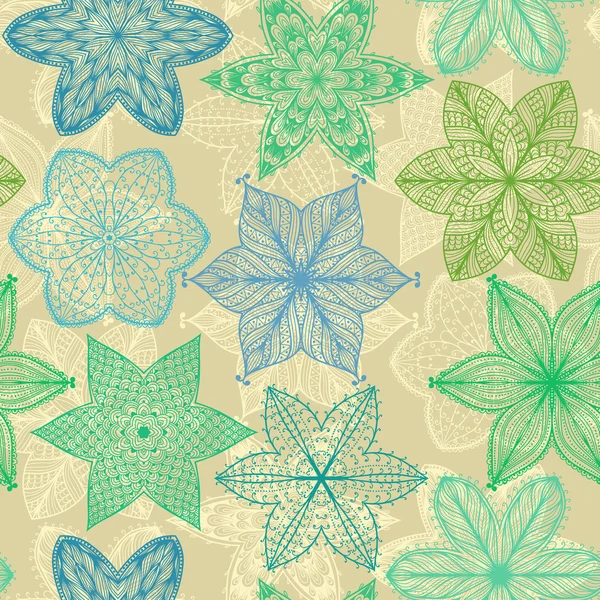 Seamless green pattern with ornate flowers — Stock Vector