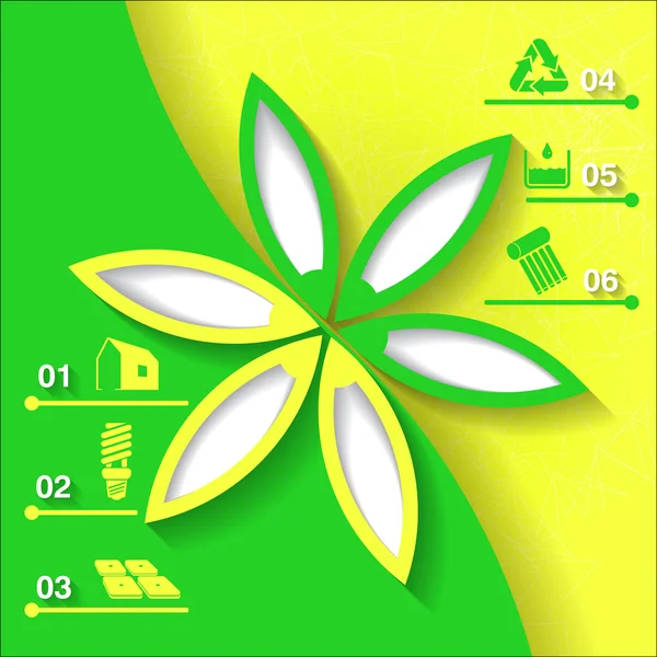 Green and yellow infograhpic background with symbols of sustainable development and bright flower. Eps10 — Stock Vector