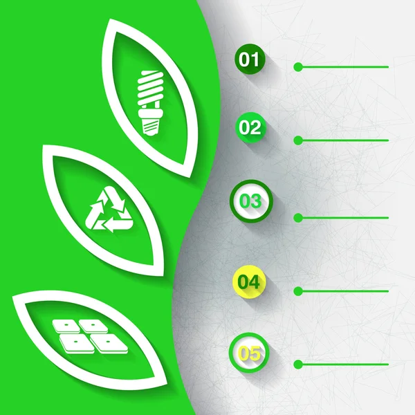 Sfondo infografico verde con simboli di energia rinnovabile e cinque etichette. Eps10 — Vettoriale Stock