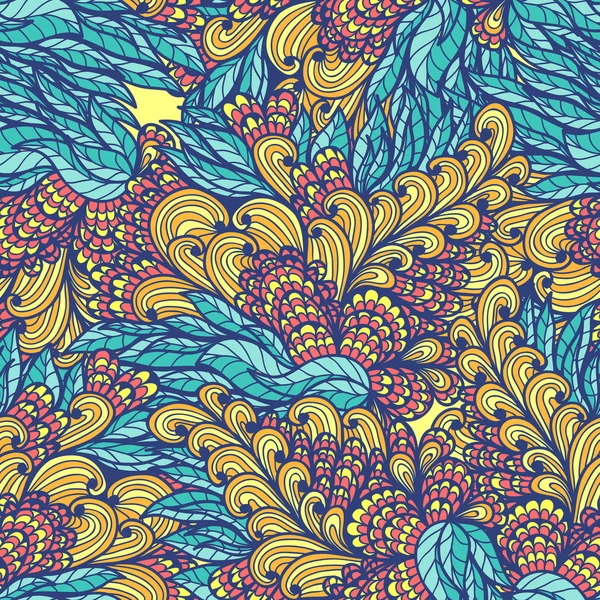 Naadloze floral blauwe en oranje hand getrokken doodle patroon — Stockvector