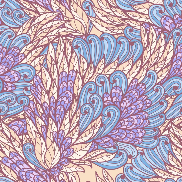 Άνευ ραφής floral μπλε και μπεζ χέρι συντάσσονται doodle μοτίβο — Διανυσματικό Αρχείο